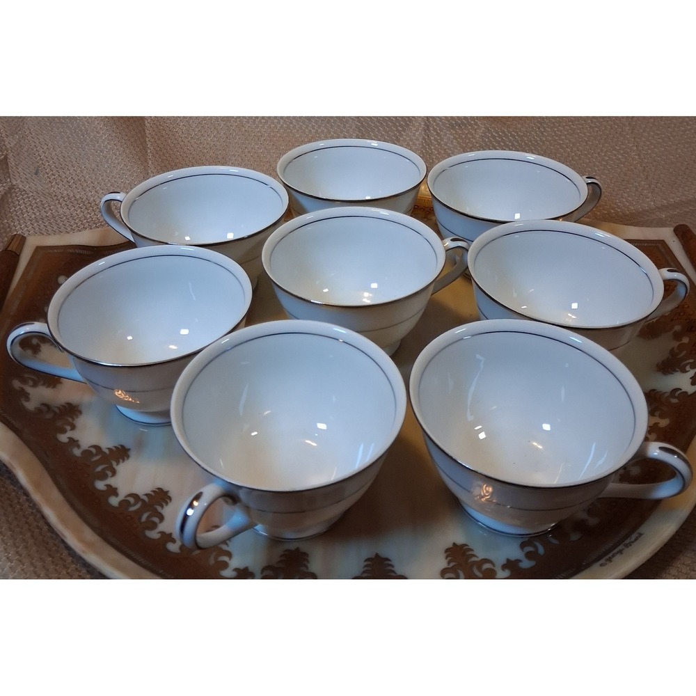 Style House Fine China Wedding Band Tea Cups Set of 8 Platinum Trim Japan White